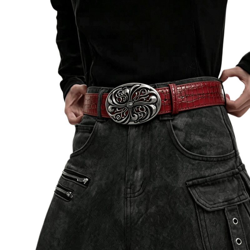 Red Croc Leather Belt Vintage Floral Carved Metal Buckle Waist Belt