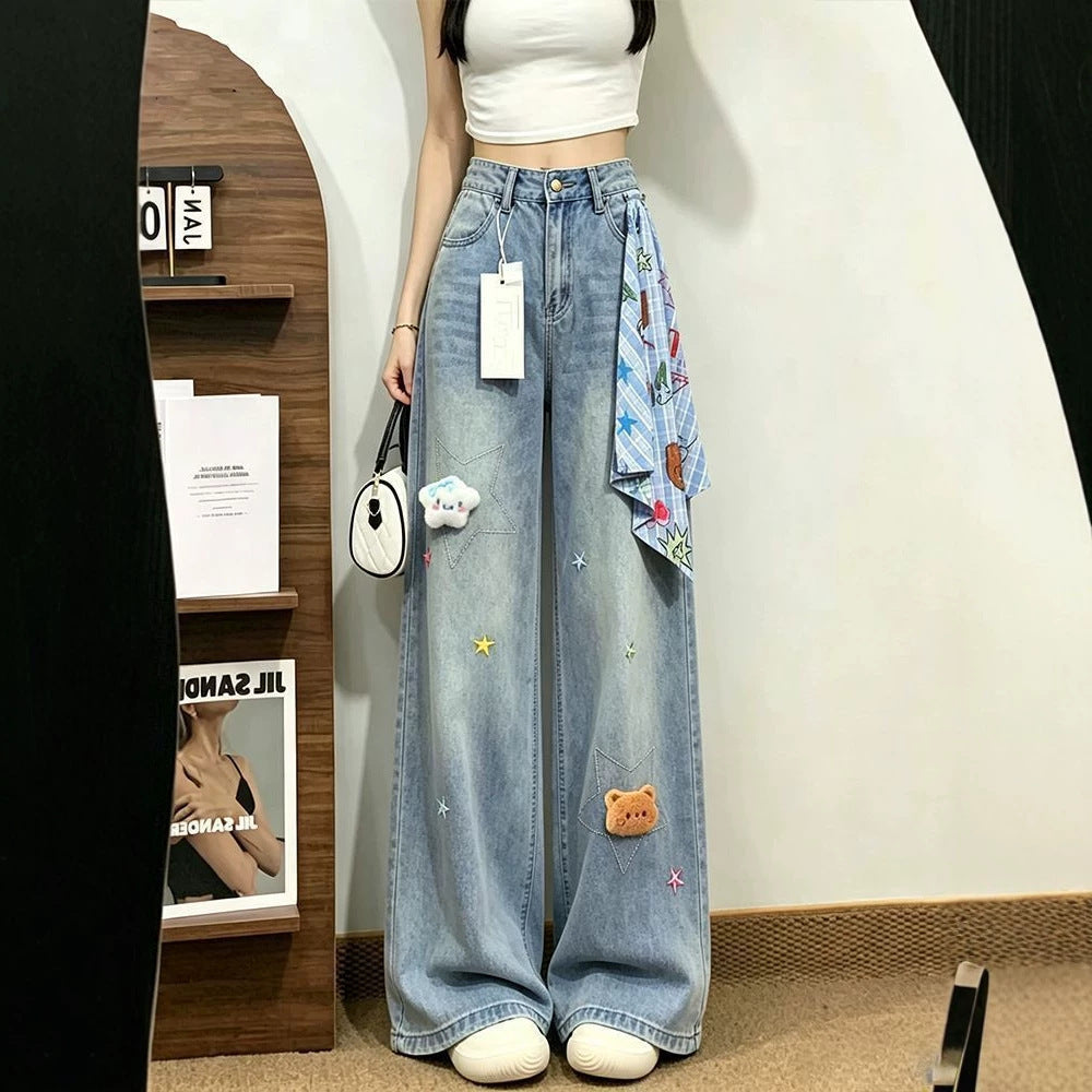 Bear Star Embroidery Scarf Decor Wide Leg High Waist Denim Jeans