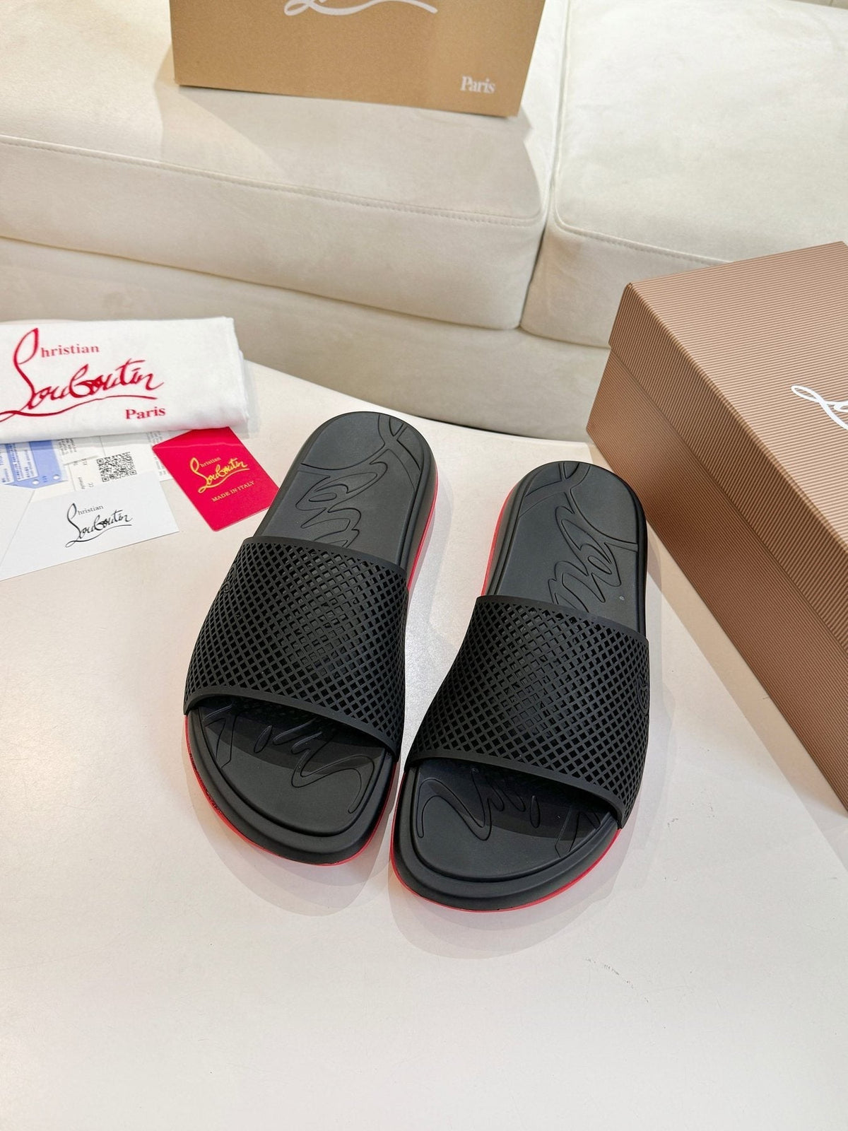 Christian Louboutin Men's Black Red Sole Slide Sandals