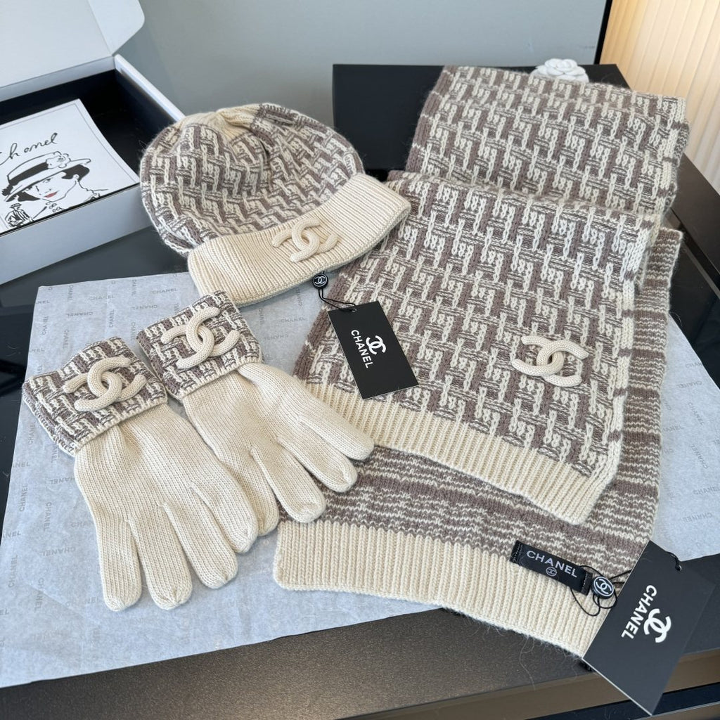 Chanel Logo Knit Hat, Scarf & Gloves Set
